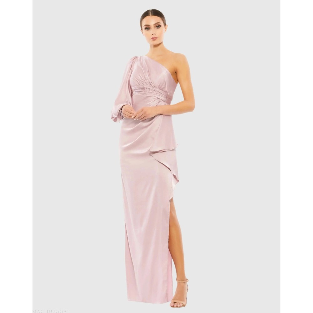 New IEENA for Mac Duggal One Shoulder Satin Gown Mauve Pink Bishop Sleeve Maxi 6